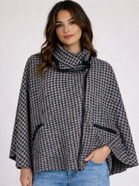 Janska Houndstooth Poncho Cape OS Leather Trim Oversized Boho Chic Wrap
